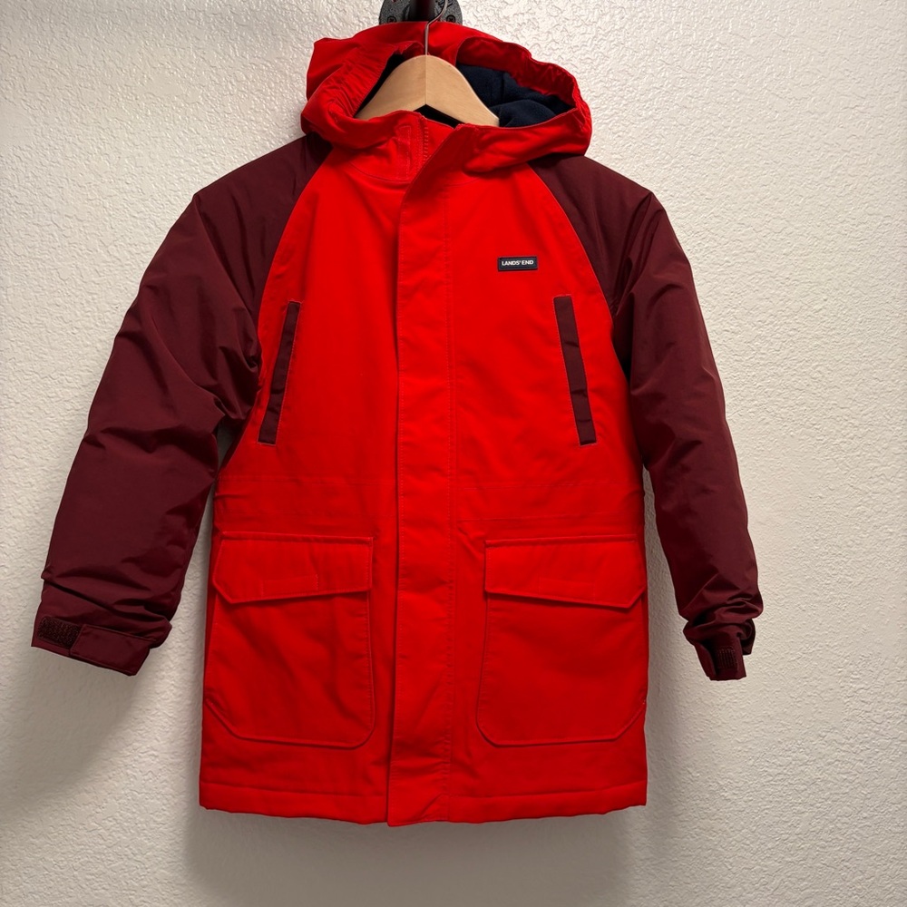 Lands end fleece lined Coat youth size Small (8) red full zip hooded